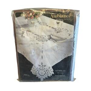 Vintage White Battenburg Lace Oval 66”x120” With 12 Napkins 100% Cotton